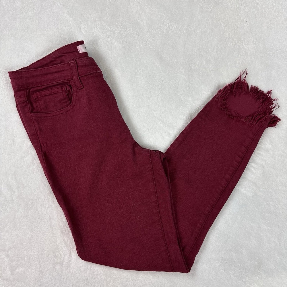 Cello‎ Womens Denim Pants Dark Red Stretch Raw Hem Mid Rise